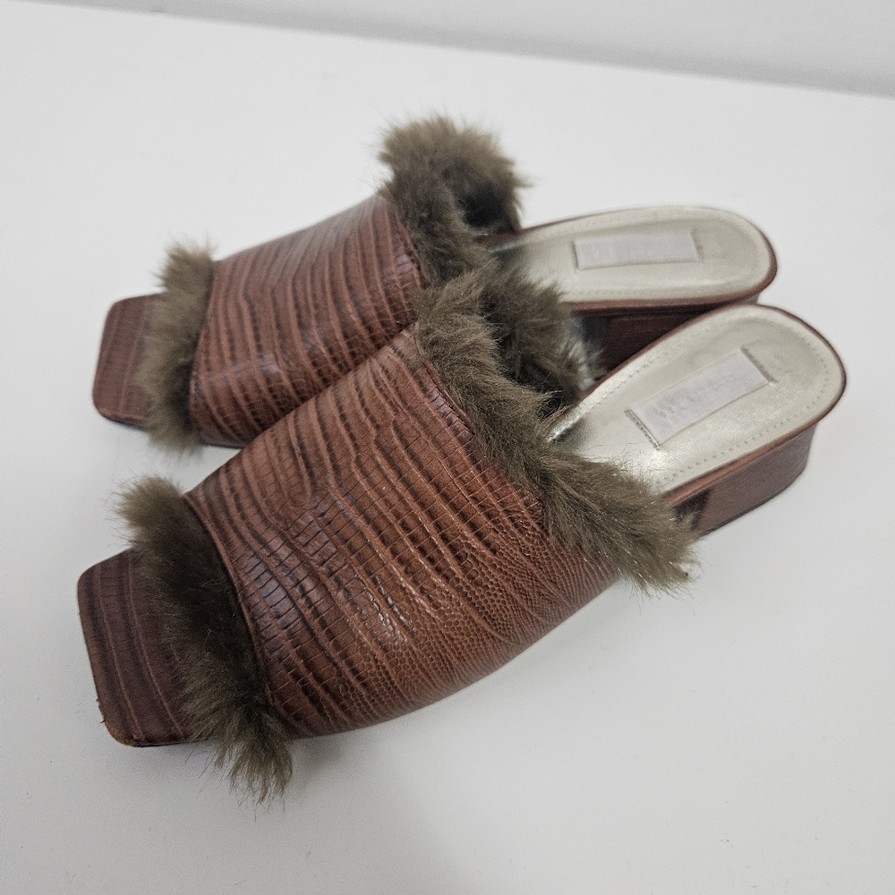 Suzanne Rae Faux Lizard With Faux Mink Lining Mules Slides 7.5 Brown Block Heel - Picture 4 of 11